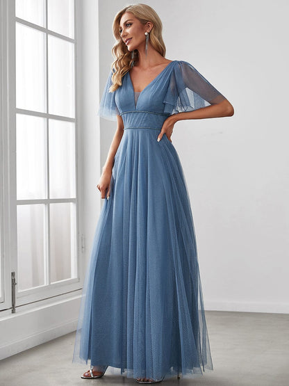 Elegant Deep V Neck Plus Size Tulle Evening Gown