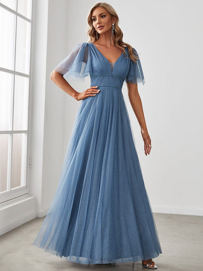 Elegant Deep V Neck Plus Size Tulle Evening Gown