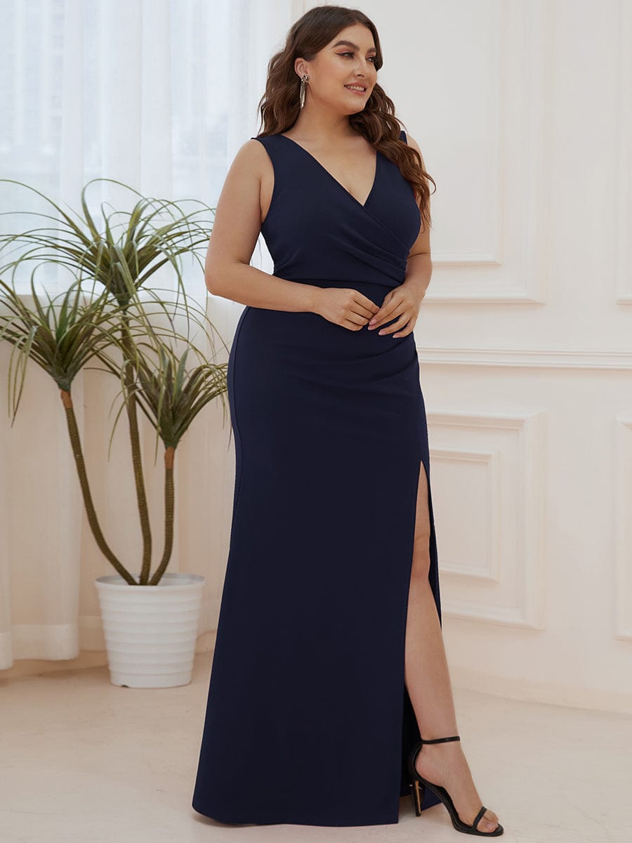 Elegant Deep V-Neck Split Pencil Evening Dress for Plus Sizes