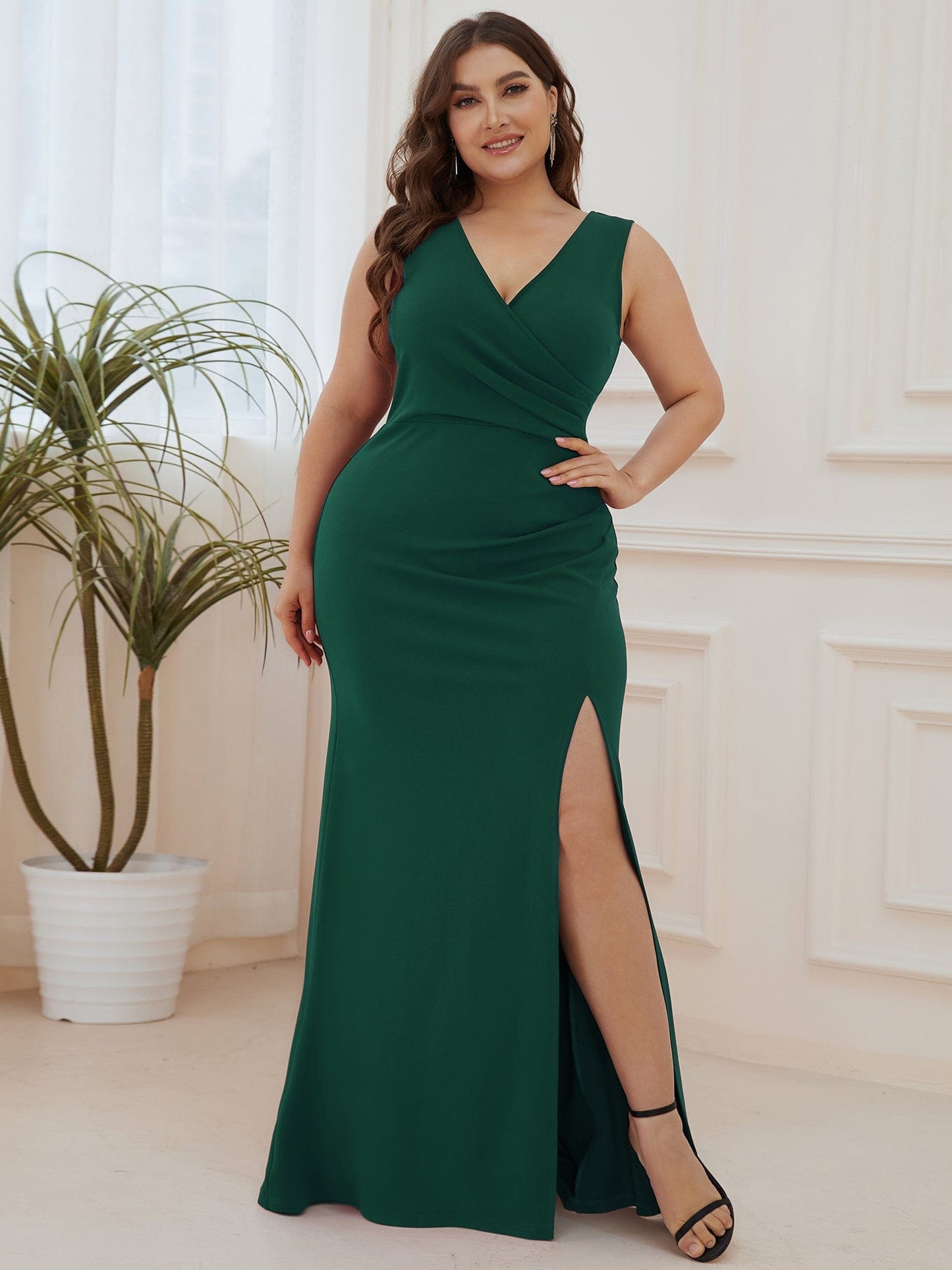 Elegant Deep V-Neck Split Pencil Evening Dress for Plus Sizes