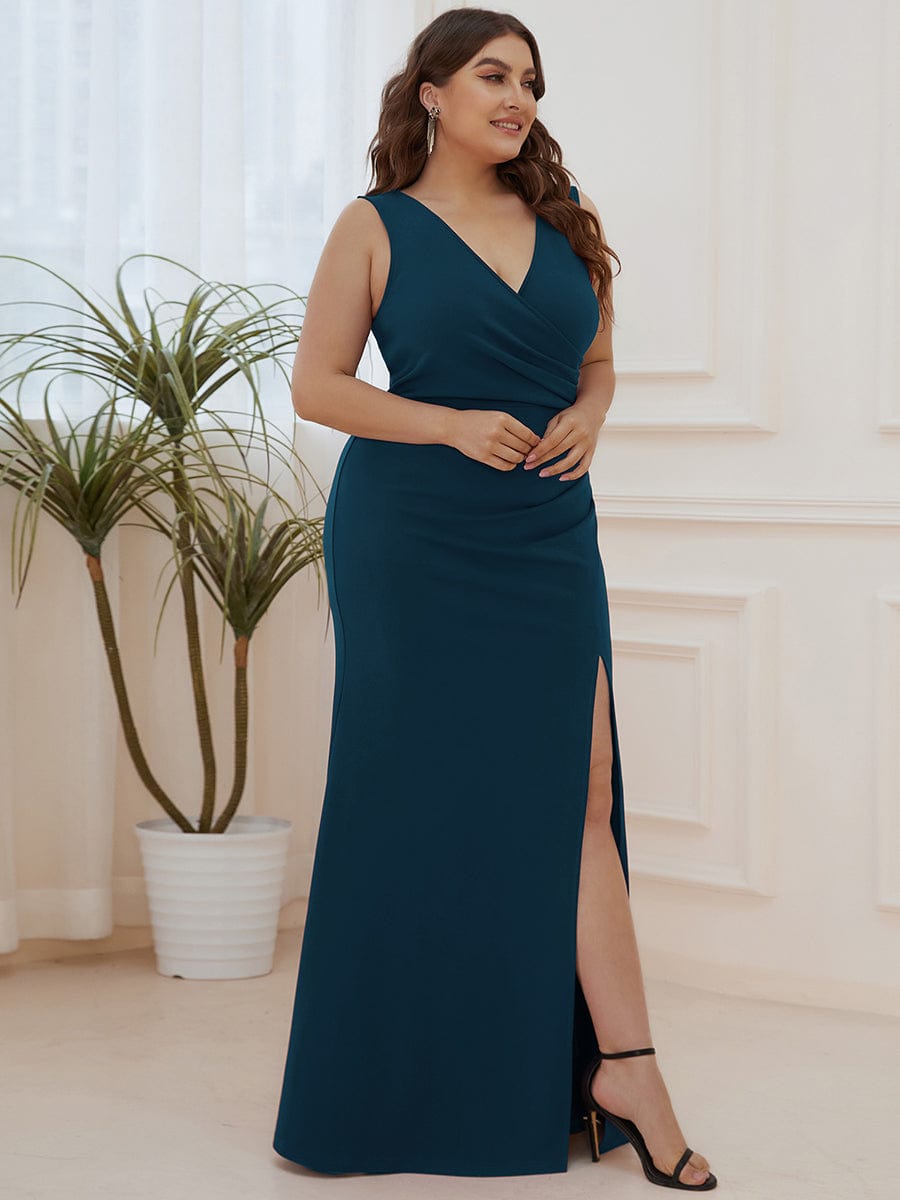 Elegant Deep V-Neck Split Pencil Evening Dress for Plus Sizes
