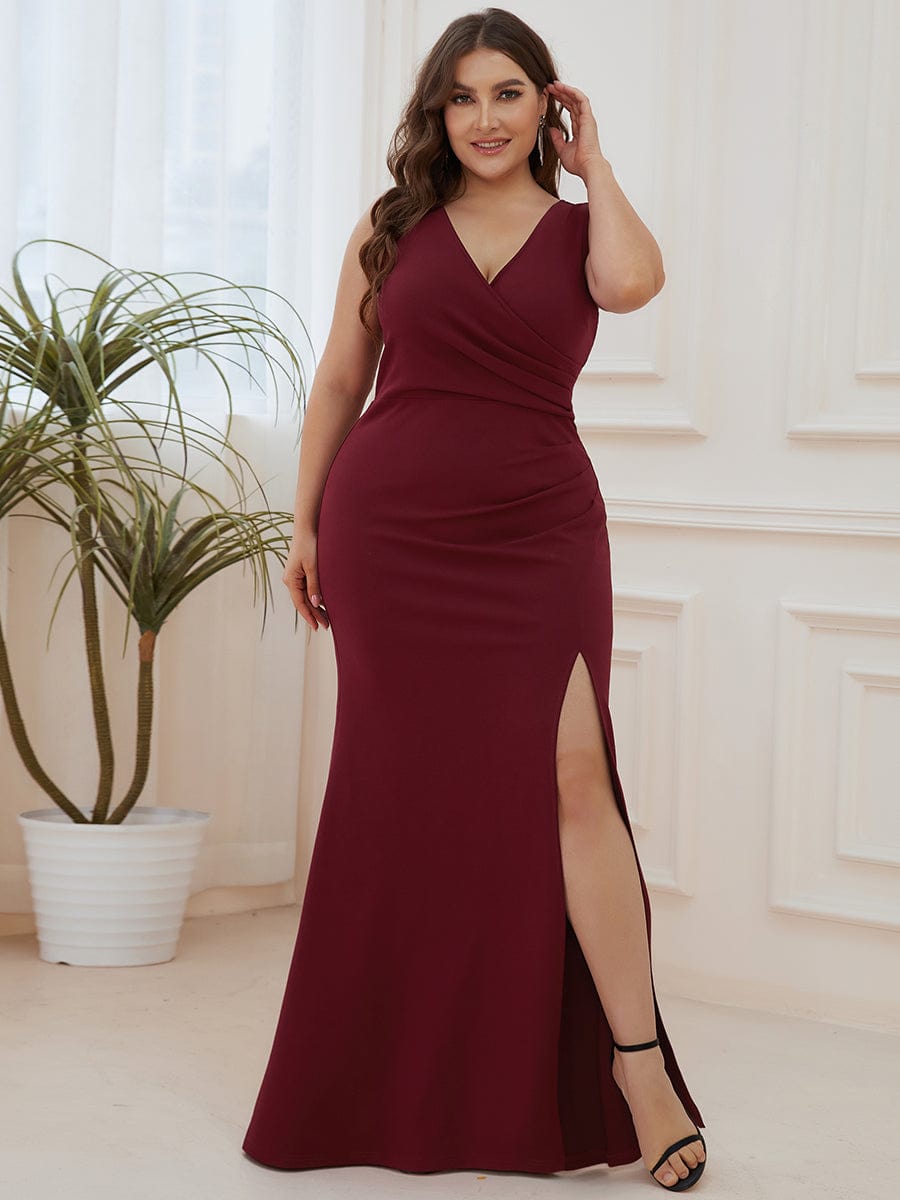 Elegant Deep V-Neck Split Pencil Evening Dress for Plus Sizes
