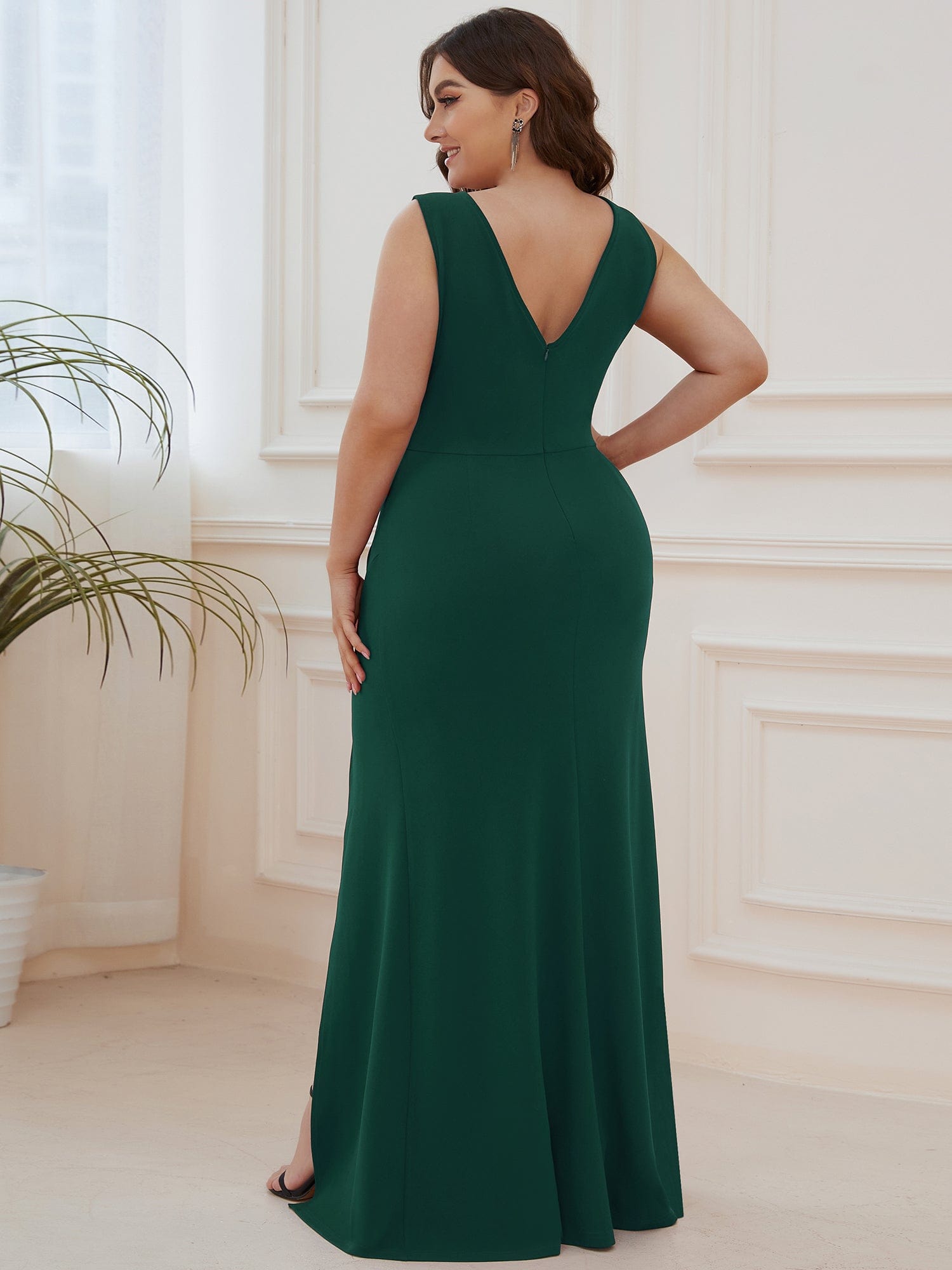 Elegant Deep V-Neck Split Pencil Evening Dress for Plus Sizes