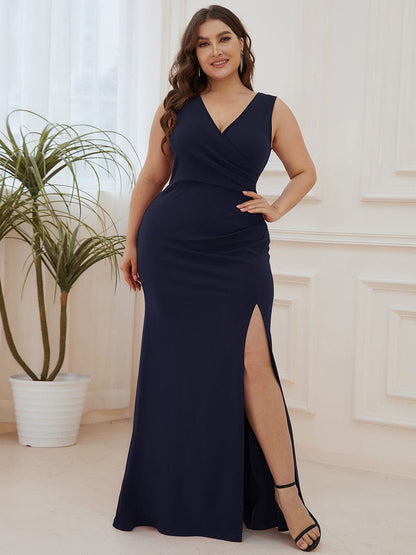 Elegant Deep V-Neck Split Pencil Evening Dress for Plus Sizes