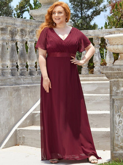 Elegant Double V-Neck Padded Evening Gown with Ruffles for Plus Size Women