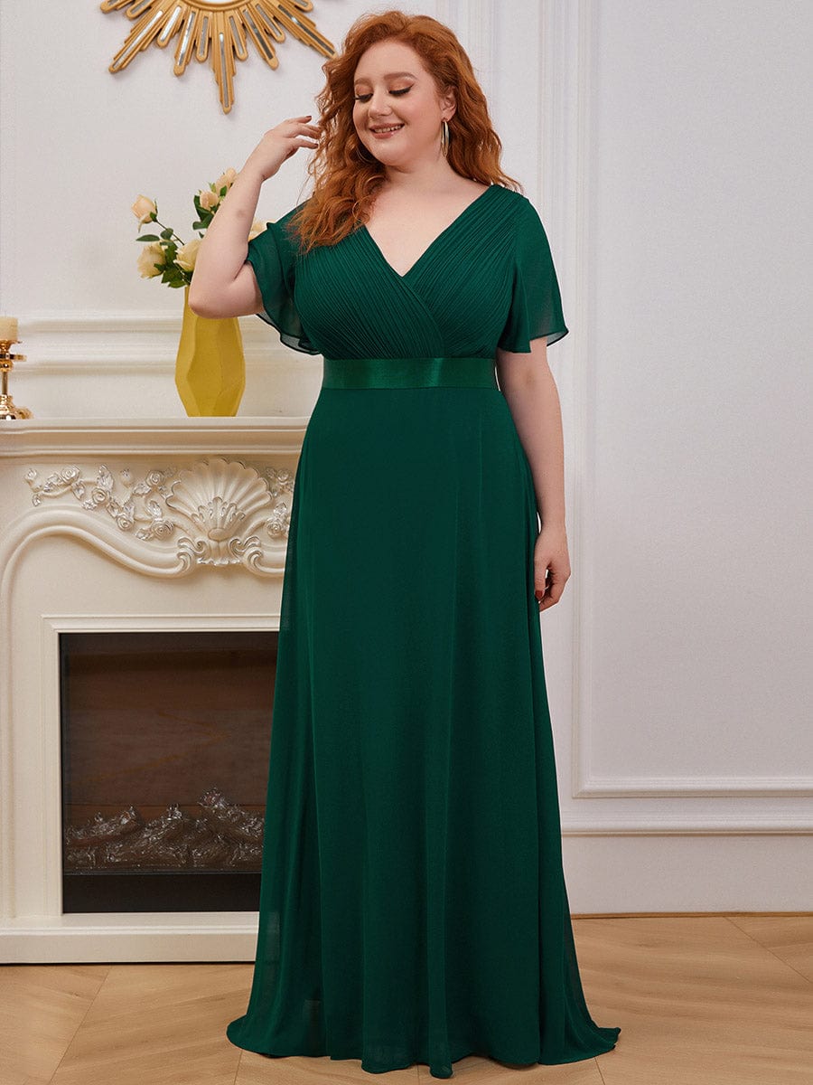Elegant Double V-Neck Padded Evening Gown with Ruffles for Plus Size Women