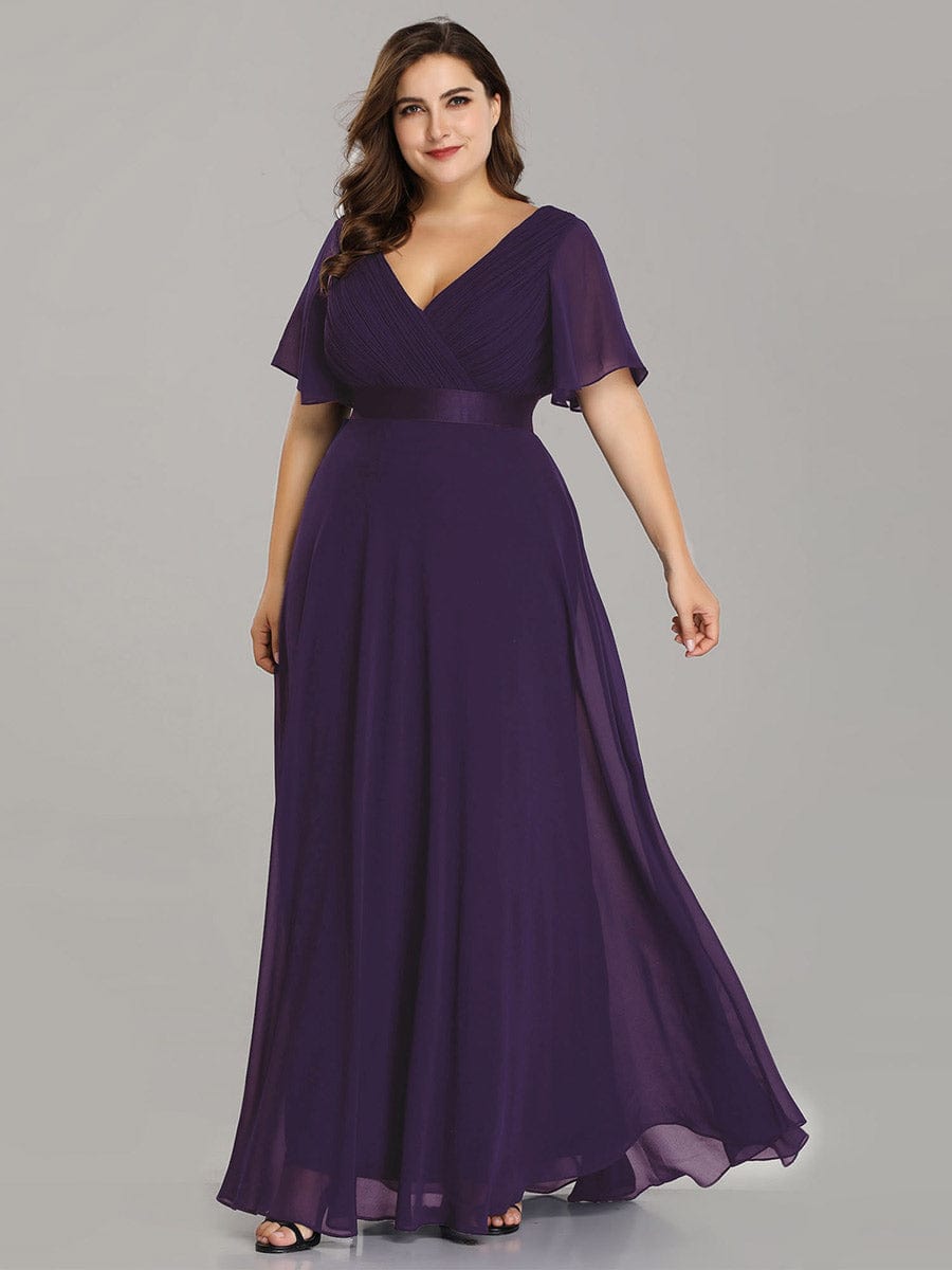 Elegant Double V-Neck Padded Evening Gown with Ruffles for Plus Size Women