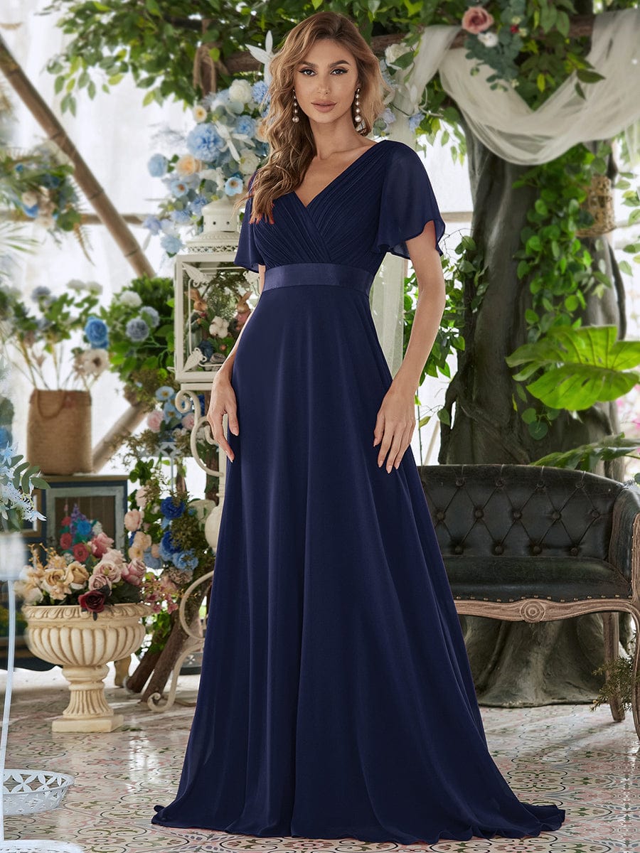 Elegant Double V-Neck Padded Evening Gown with Ruffles for Plus Size Women