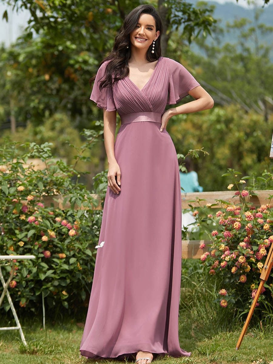 Elegant Double V-Neck Padded Evening Gown with Ruffles for Plus Size Women