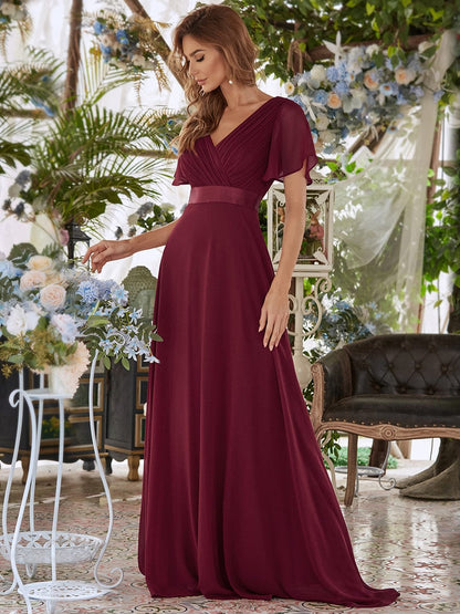 Elegant Double V-Neck Ruffled Chiffon Evening Dress