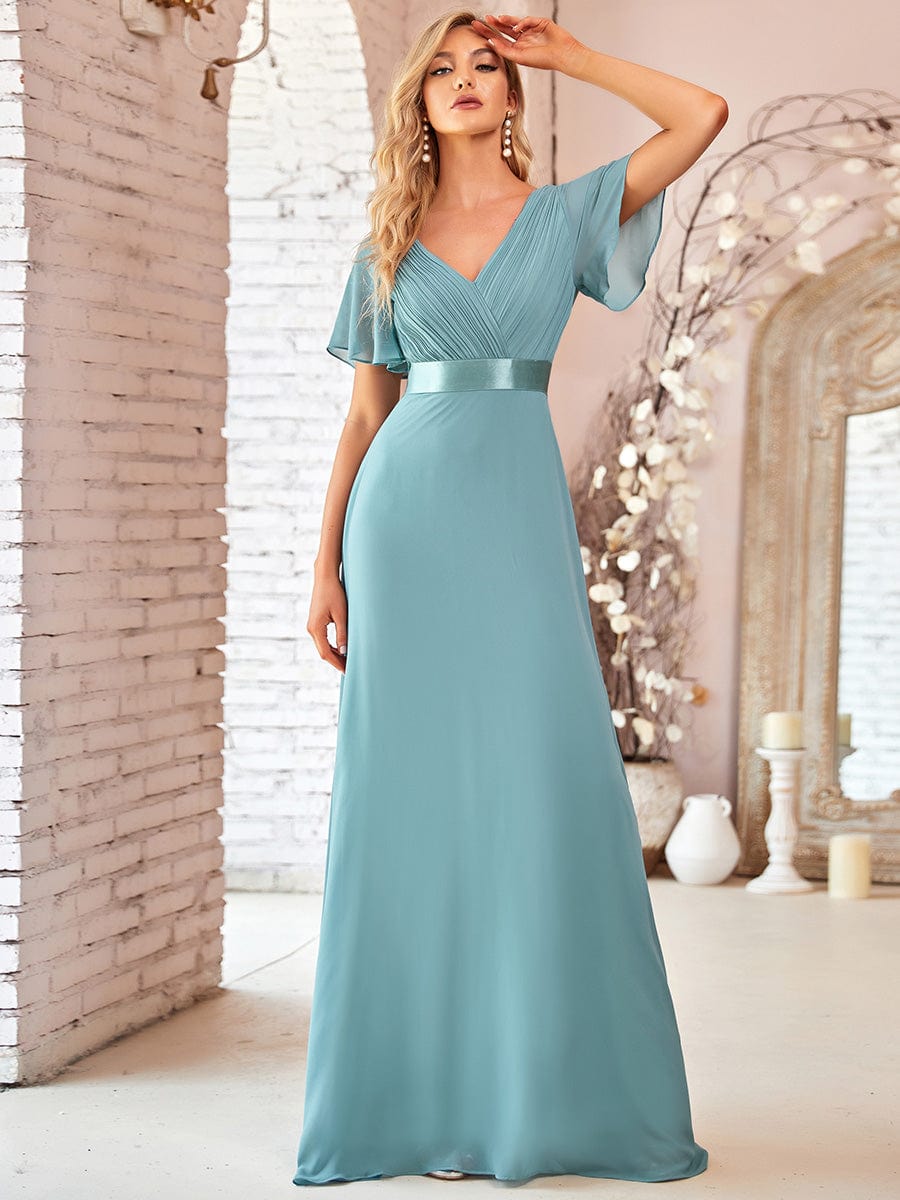 Elegant Double V-Neck Ruffled Chiffon Evening Dress