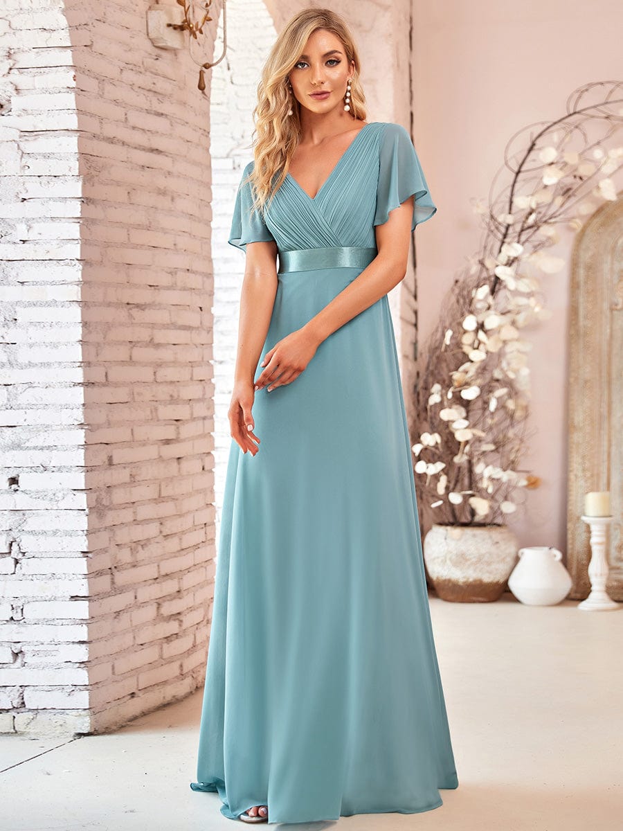 Elegant Double V-Neck Ruffled Chiffon Evening Dress