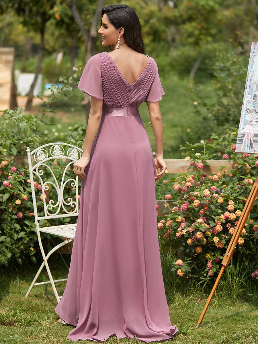 Elegant Double V-Neck Ruffled Chiffon Evening Dress
