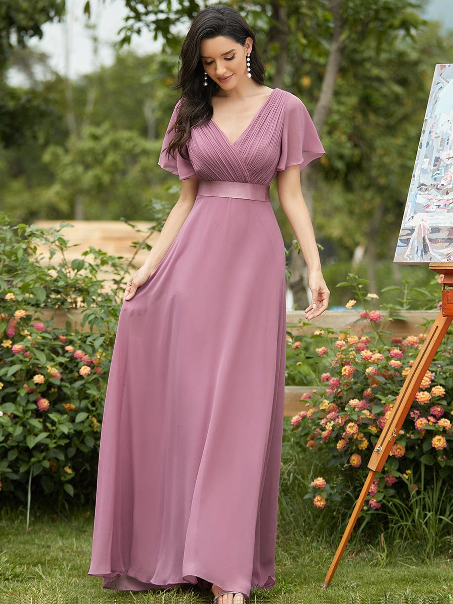 Elegant Double V-Neck Ruffled Chiffon Evening Dress