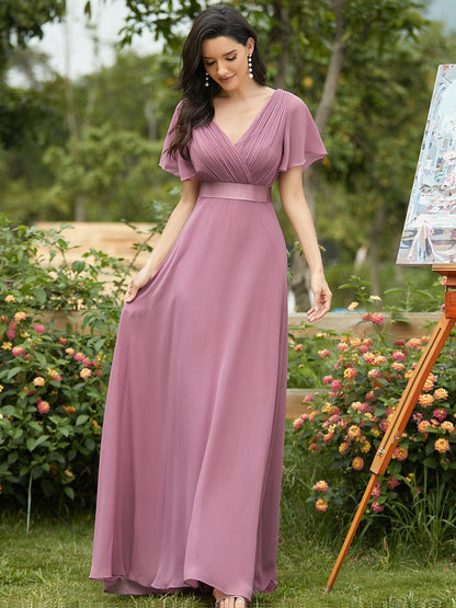 Elegant Double V-Neck Ruffled Chiffon Evening Dress