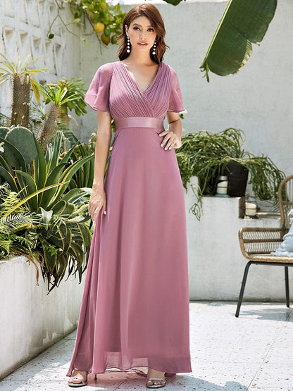 Elegant Double V-Neck Ruffled Chiffon Evening Dress