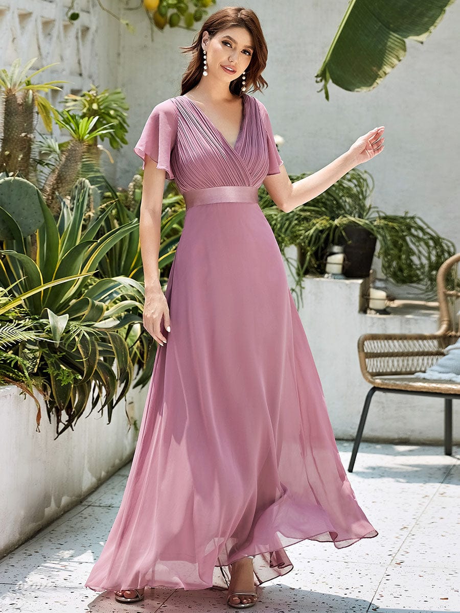 Elegant Double V-Neck Ruffled Chiffon Evening Dress