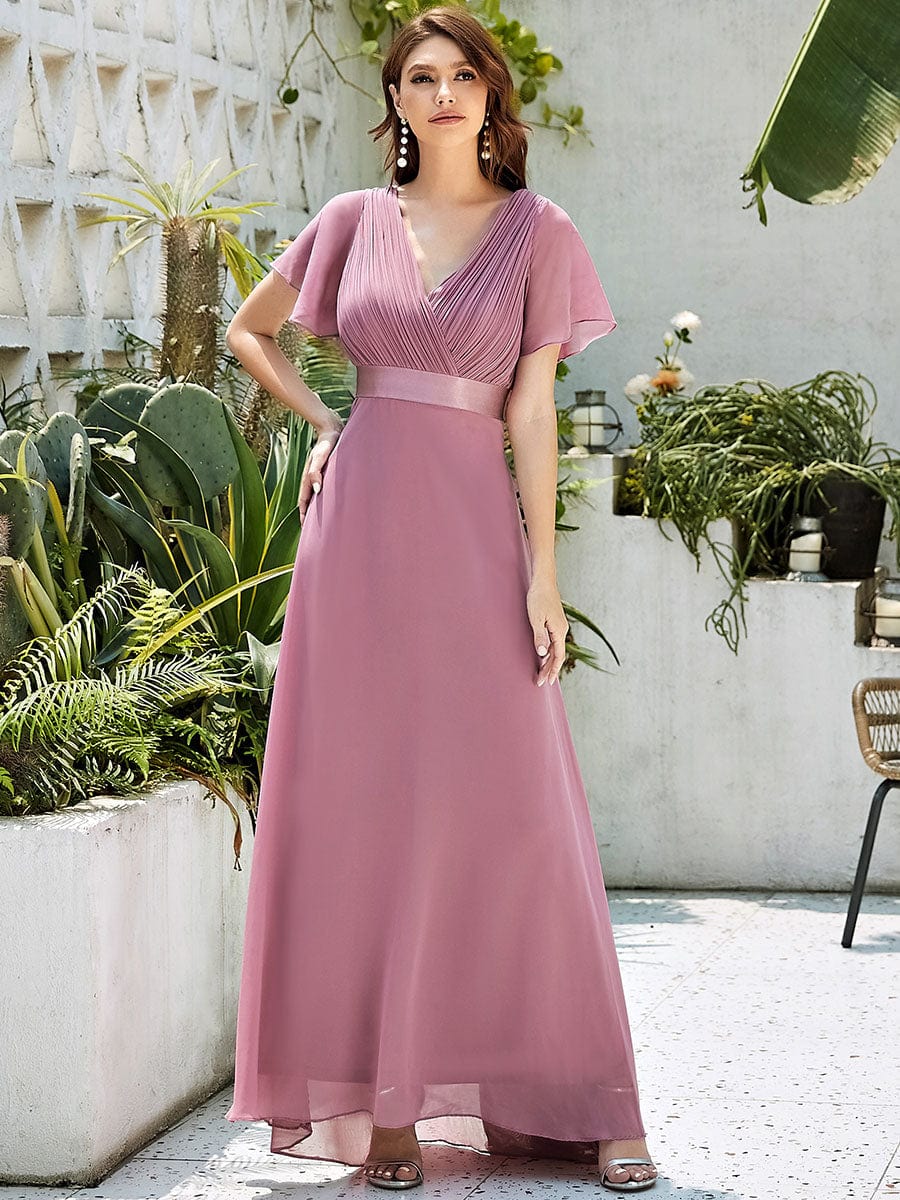 Elegant Double V-Neck Ruffled Chiffon Evening Dress