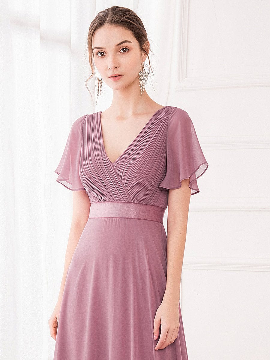 Elegant Double V-Neck Ruffled Chiffon Evening Dress