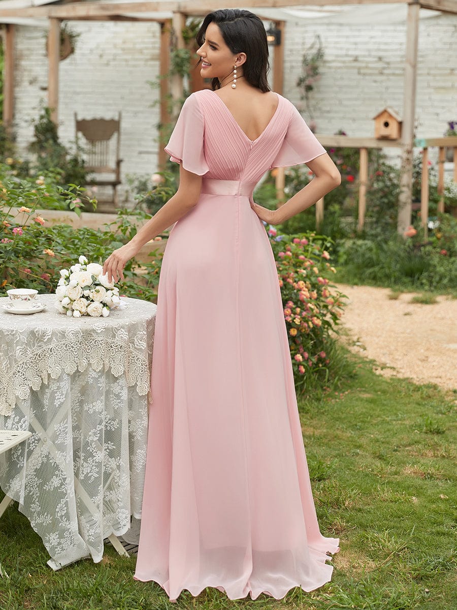 Elegant Double V-Neck Ruffled Chiffon Evening Dress