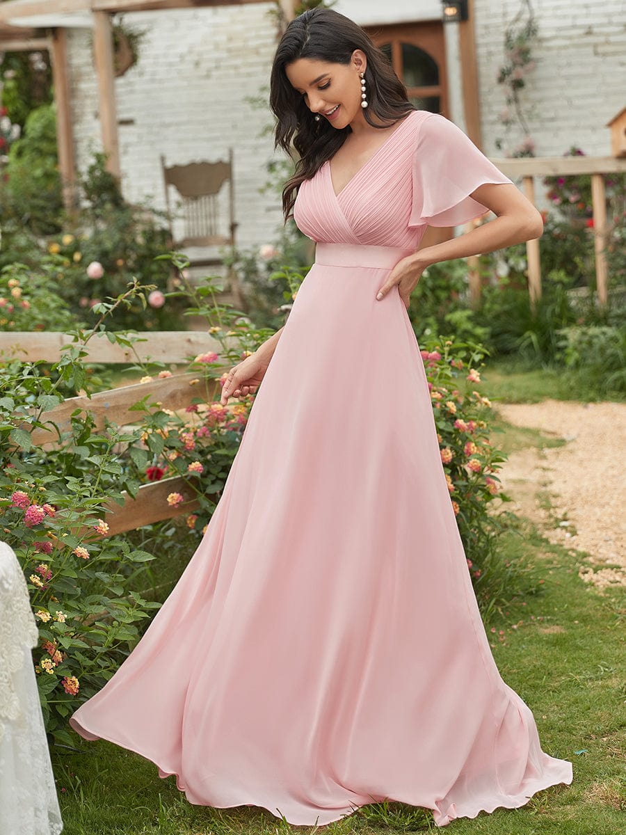 Elegant Double V-Neck Ruffled Chiffon Evening Dress