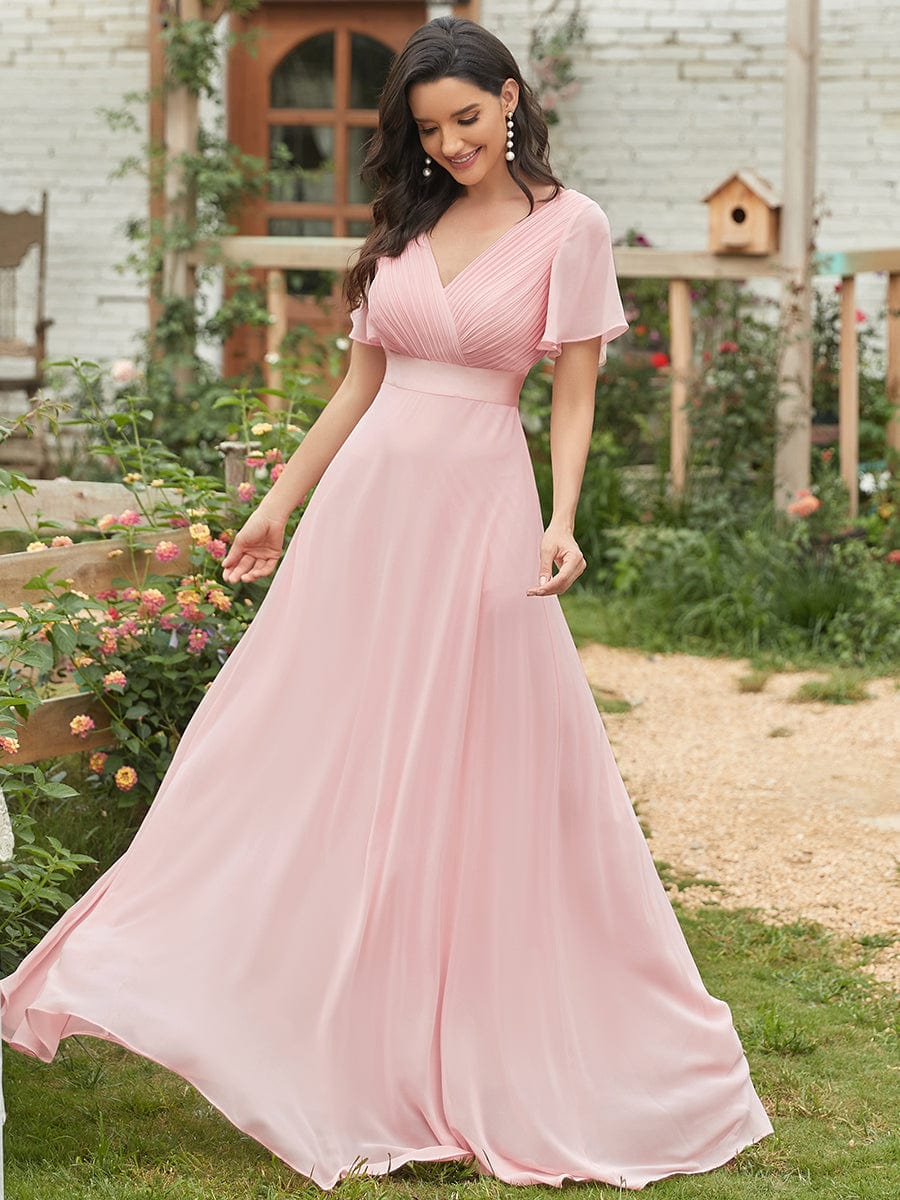 Elegant Double V-Neck Ruffled Chiffon Evening Dress