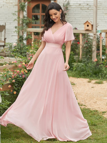 Elegant Double V-Neck Ruffled Chiffon Evening Dress