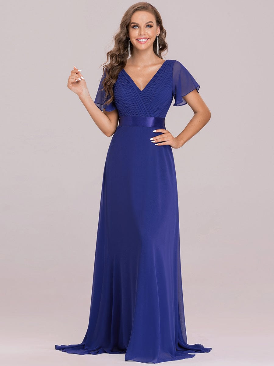 Elegant Double V-Neck Ruffled Chiffon Evening Dress
