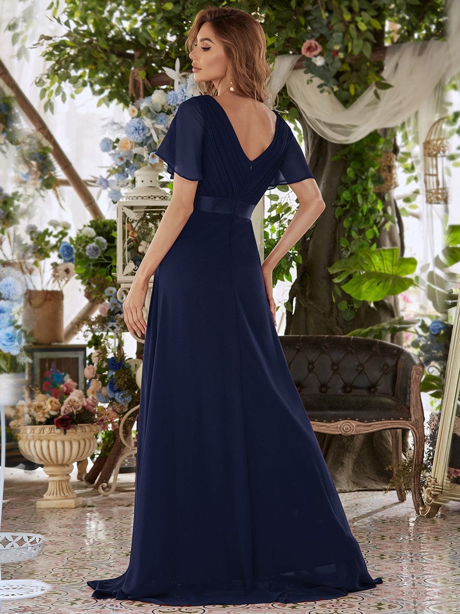 Elegant Double V-Neck Ruffled Chiffon Evening Dress