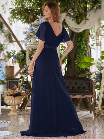 Elegant Double V-Neck Ruffled Chiffon Evening Dress