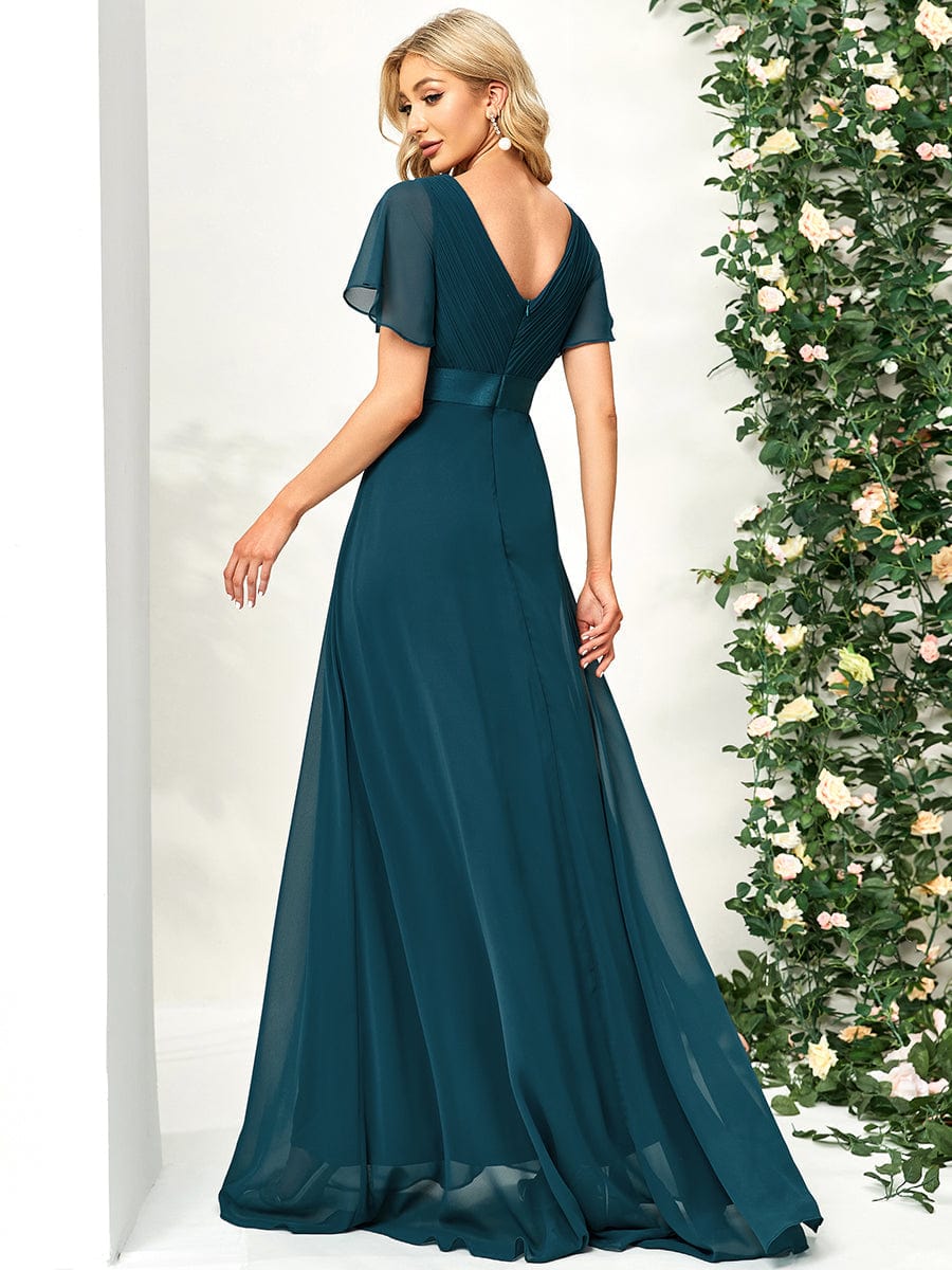 Elegant Double V-Neck Ruffled Chiffon Evening Dress