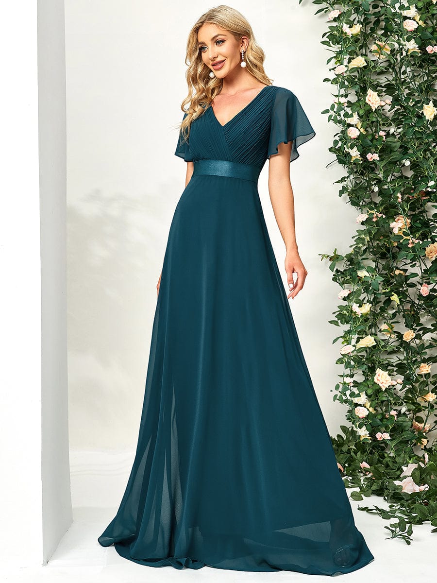 Elegant Double V-Neck Ruffled Chiffon Evening Dress
