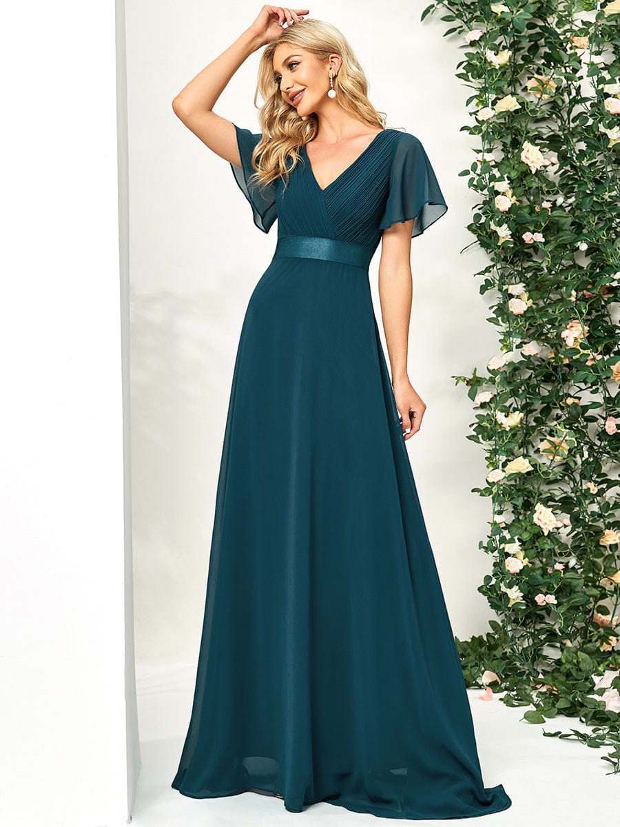 Elegant Double V-Neck Ruffled Chiffon Evening Dress