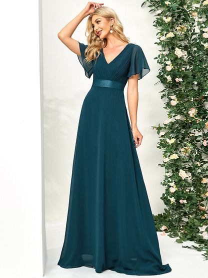 Elegant Double V-Neck Ruffled Chiffon Evening Dress