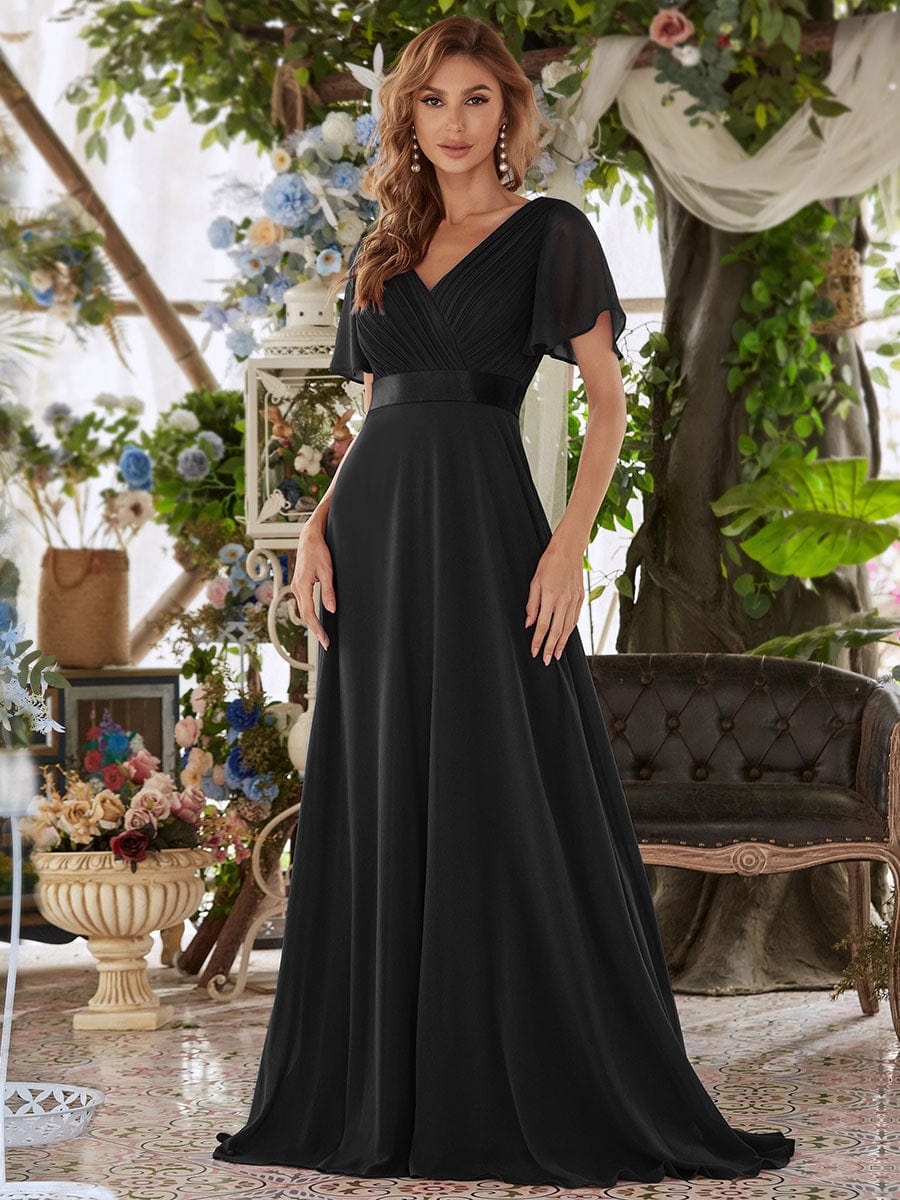 Elegant Double V-Neck Ruffled Padded Evening Gowns