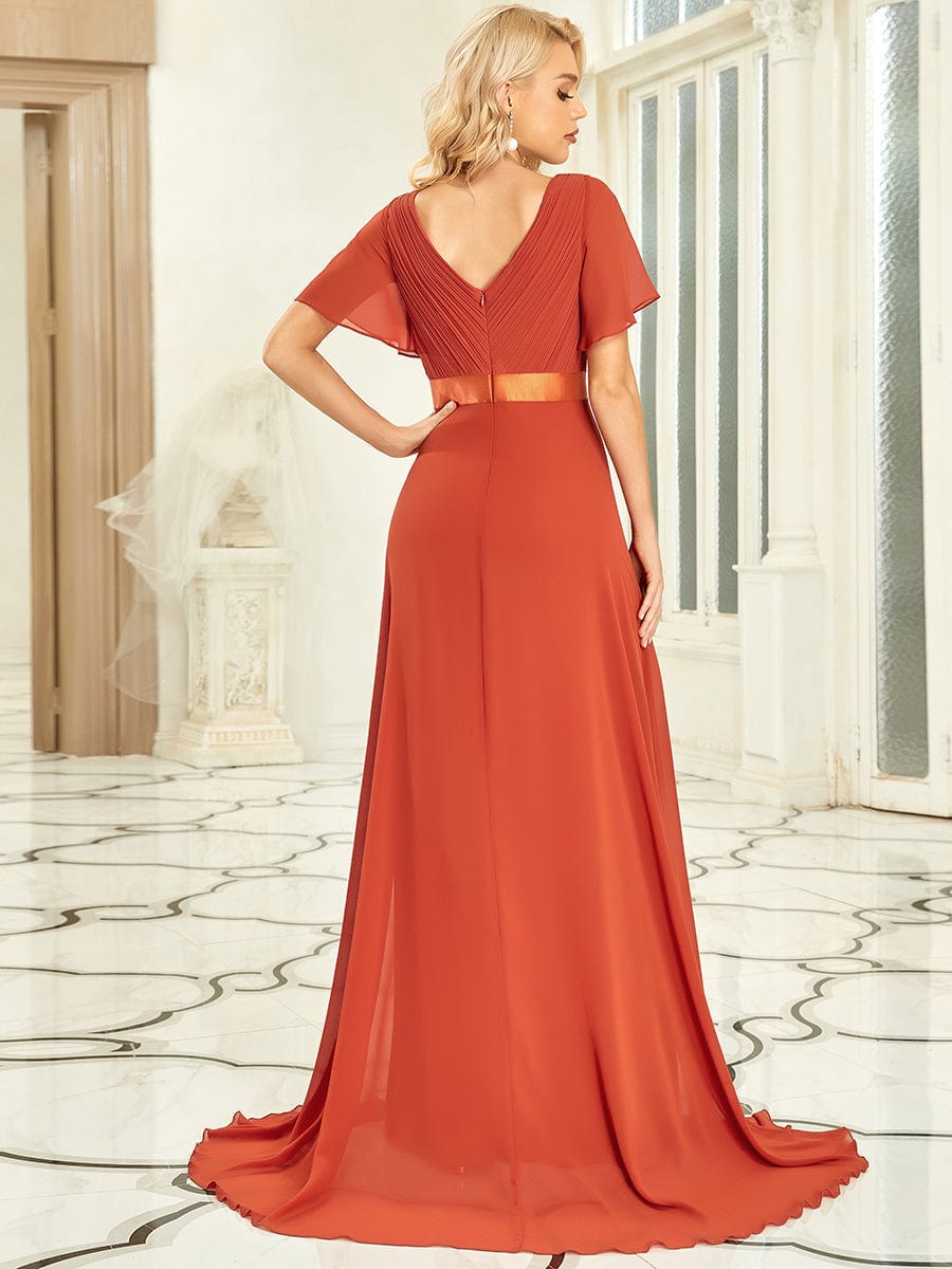 Elegant Double V-Neck Ruffled Padded Evening Gowns