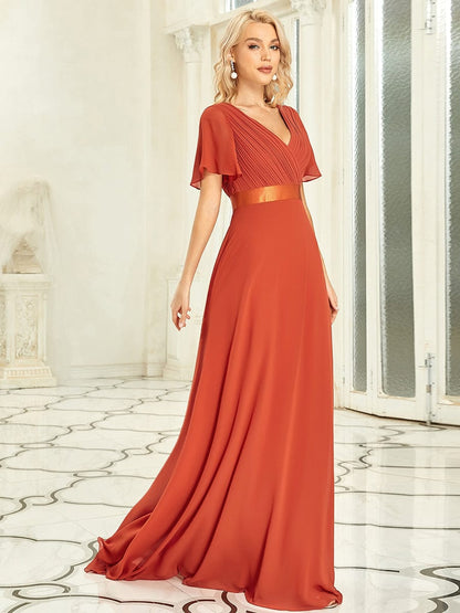 Elegant Double V-Neck Ruffled Padded Evening Gowns