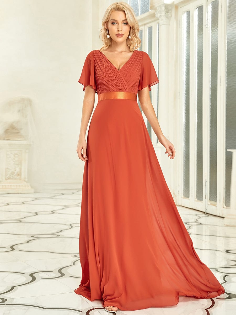 Elegant Double V-Neck Ruffled Padded Evening Gowns