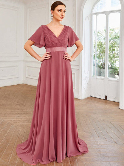 Elegant Double V-Neck Ruffled Padded Evening Gowns