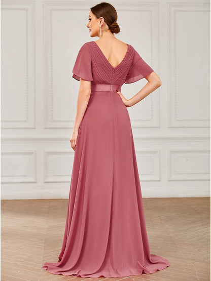 Elegant Double V-Neck Ruffled Padded Evening Gowns