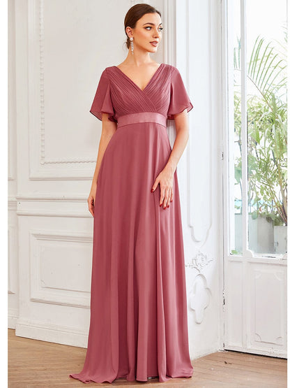 Elegant Double V-Neck Ruffled Padded Evening Gowns