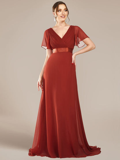 Elegant Double V-Neck Ruffled Padded Evening Gowns