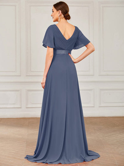 Elegant Double V-Neck Ruffled Padded Evening Gowns