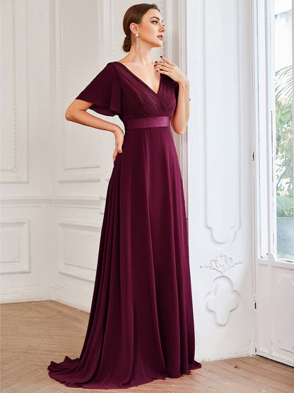 Elegant Double V-Neck Ruffled Padded Evening Gowns