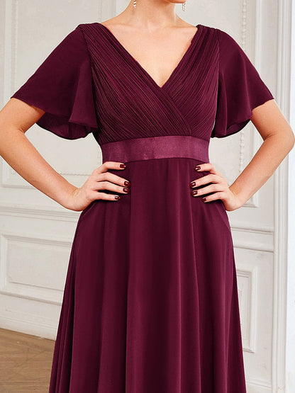 Elegant Double V-Neck Ruffled Padded Evening Gowns