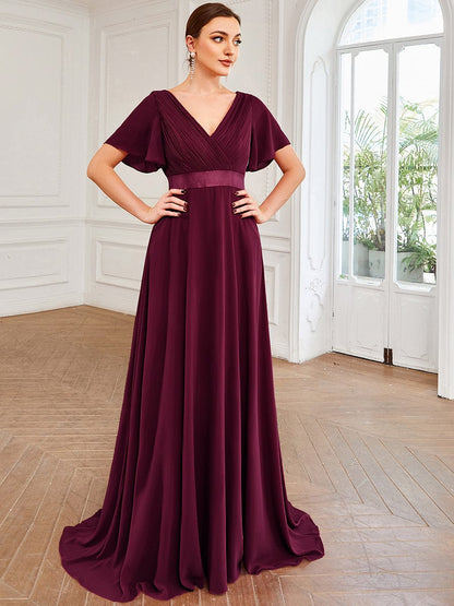 Elegant Double V-Neck Ruffled Padded Evening Gowns