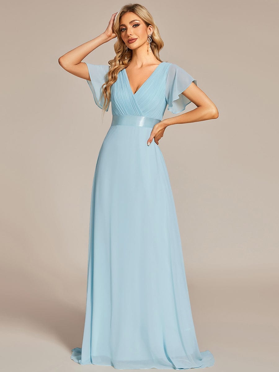Elegant Dual V-Neck Ruffled Padded Evening Gown