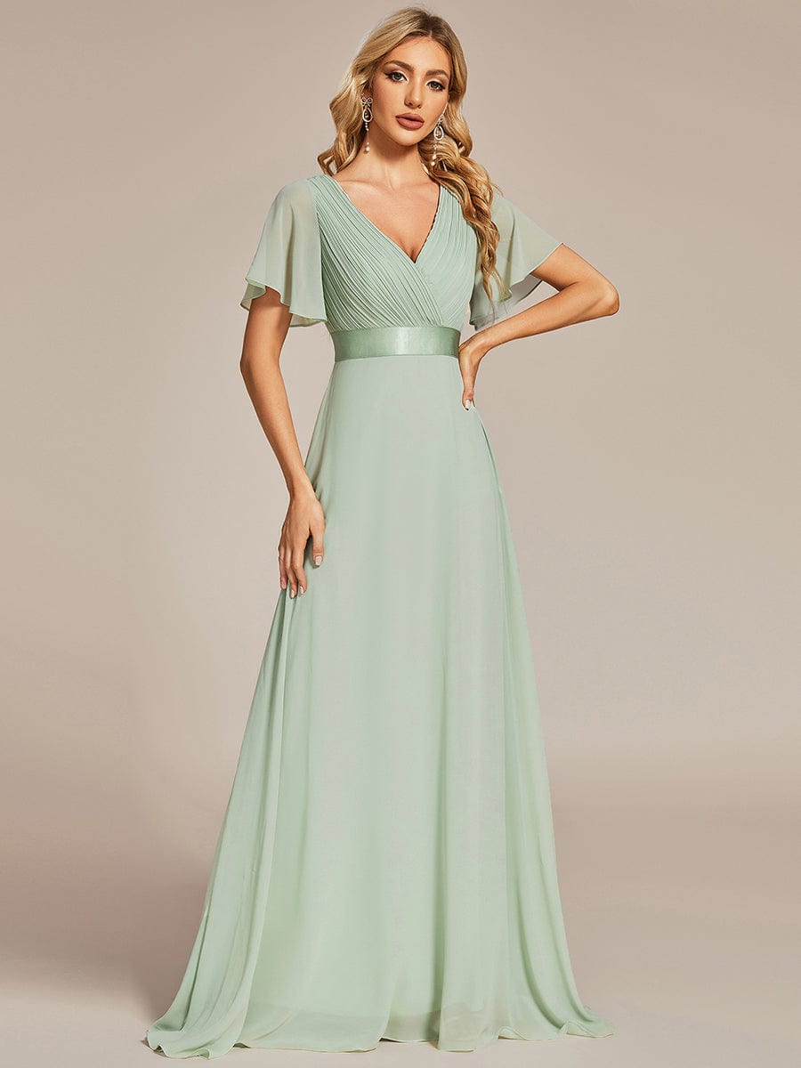 Elegant Dual V-Neck Ruffled Padded Evening Gown