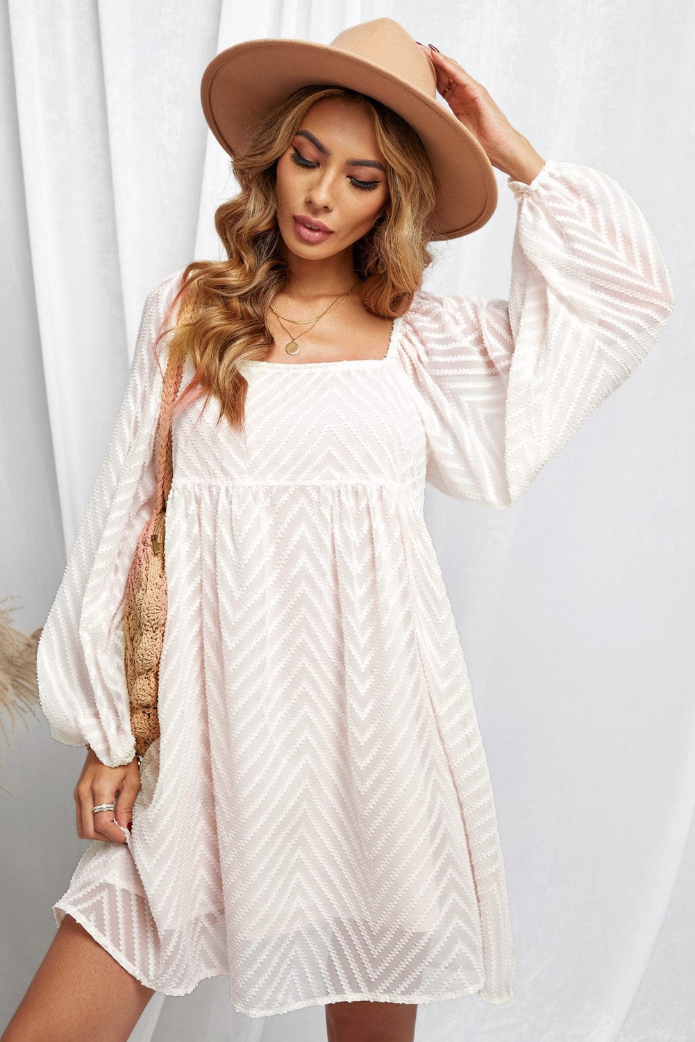 Elegant Empire Waist Striped Puff Sleeve Mini Babydoll Dress