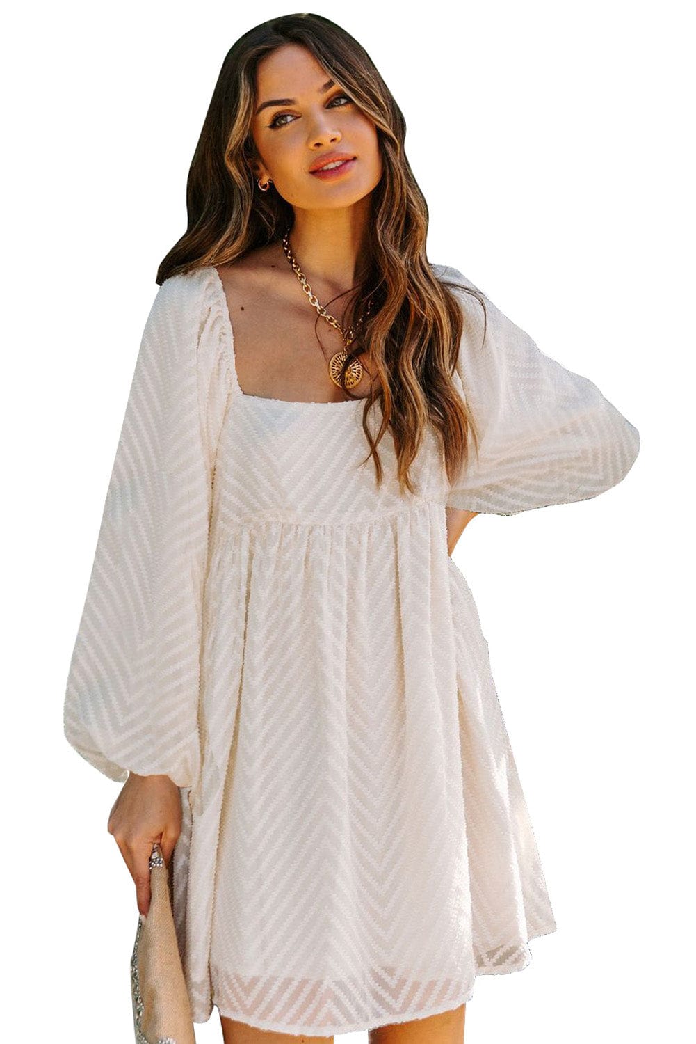 Elegant Empire Waist Striped Puff Sleeve Mini Babydoll Dress